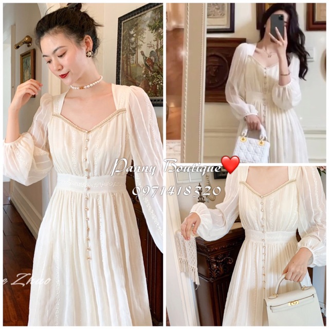 Đầm voan thêu nổi cổ vuông nút ngọc, style ulzzang Hàn Quốc 🌻 Panny Boutique 🌻
