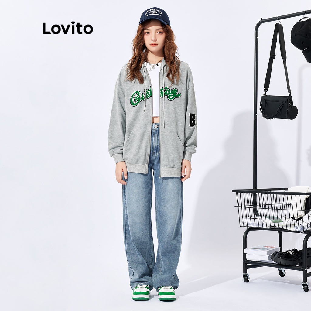 Áo len Lovito quá cỡ unisex họa tiết chữ cái khóa kéo có túi dây rút màu trơn phong cách thường ngày L32FW024 (màu xám)