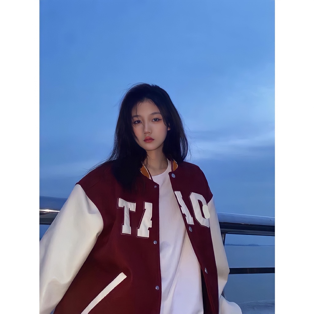 Áo Bomber Nỉ Nữ Thêu Chữ TAO 🦋 Áo Khoác Dáng Rộng Màu Đỏ Tay Bo 🦋