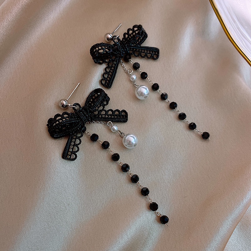 Khuyên tai tua rua màu đen đính nơ phong cách Hàn Quốc đơn giản hợp thời trang