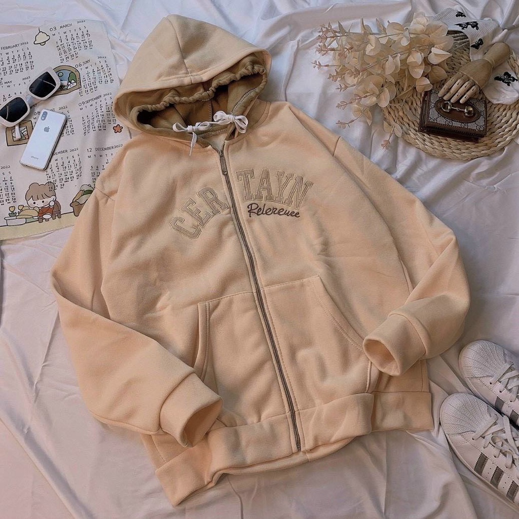 Áo Khoác Hoodie Nam Nữ Chất Nỉ Thun Thêu Chữ CerTayN Form Rộng Khóa Kéo Có Nón 2 Lớp