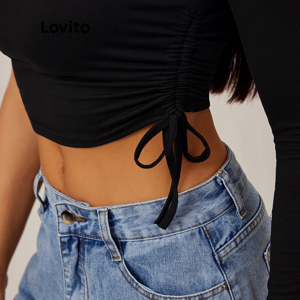 Áo thun Lovito tay dài trễ một bên vai bất đối xứng phối dây rút màu trơn mặc thường ngày L18D102 (Màu đen)