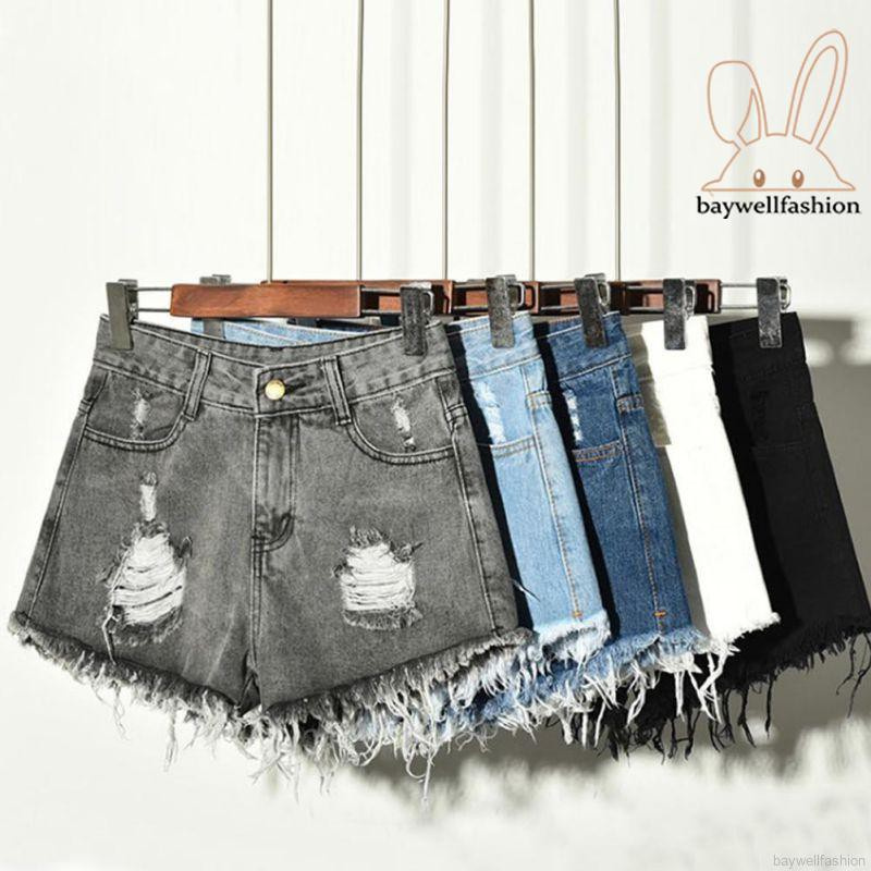 Quần Short Jean Rách Cạp Cao Cho Nữ