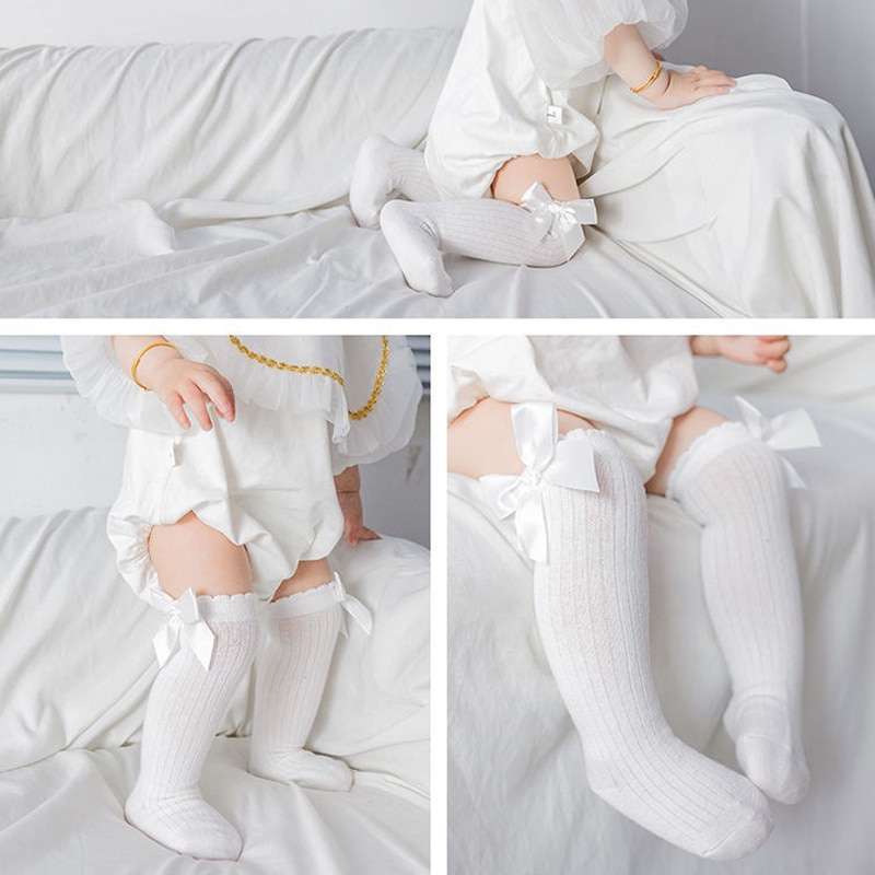 Vớ Cotton Mềm Cao Đến Đầu Gối Chống Trượt Màu Trơn Đính Nơ To Dễ Thương Dành Cho Bé Gái Sơ Sinh