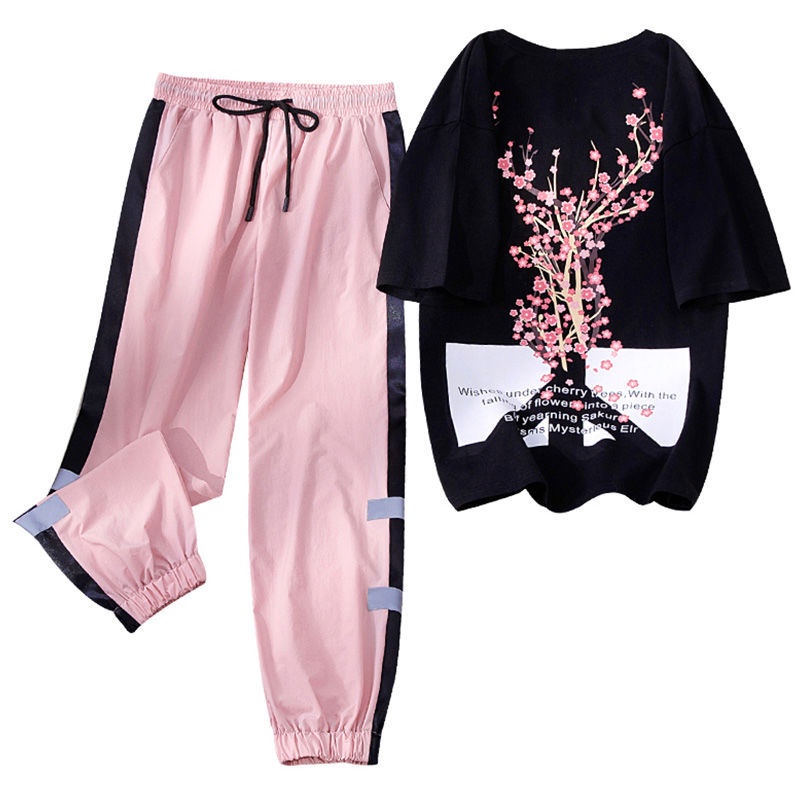 Set Đồ Thể Thao Gồm Áo Tay Ngắn Dáng Rộng + Quần Dài Có Size Lớn 100kg Dành Cho Nữ