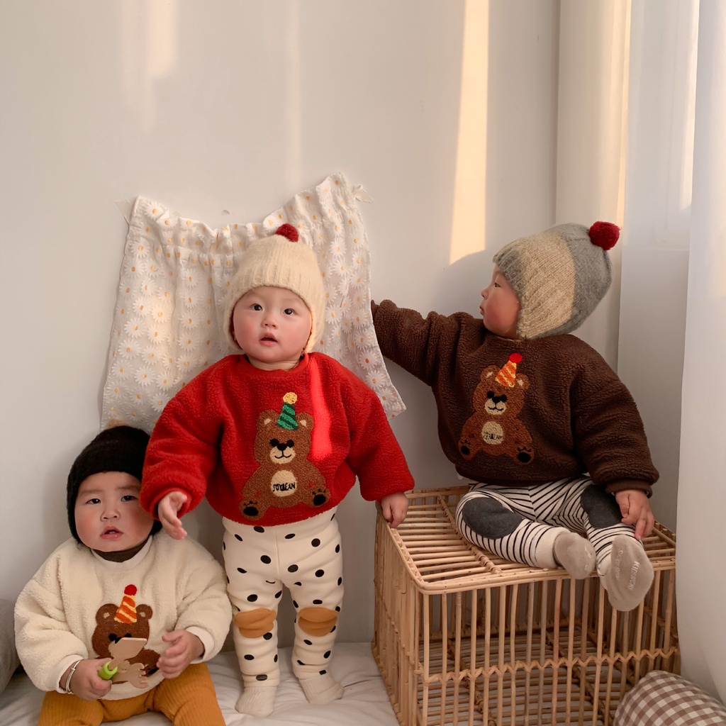 Bộ áo khoác lông cừu + quần dài kiểu hoạt hình đáng yêu cho bé từ 0-2 tuổi