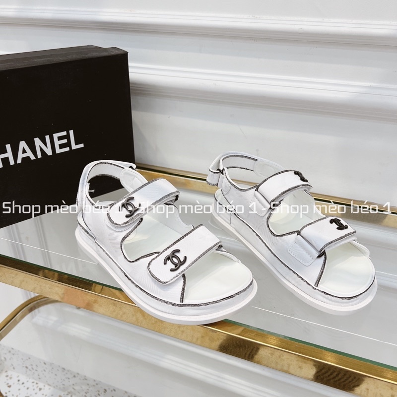 Sandal cn trắng viền kẻ quai dán ngang tag logo đế bằng fullbox