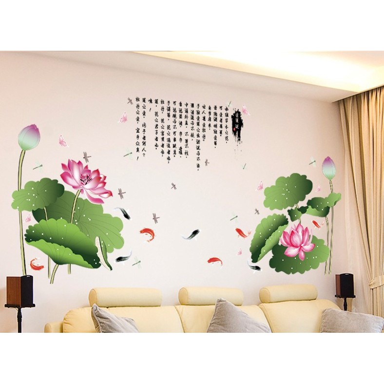Decal dán tường Ao sen cá chép