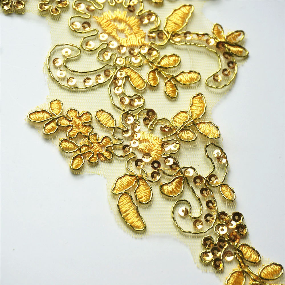 Set 2 Miếng Vải Ren Thêu Hoa Đính Kim Sa Lấp Lánh Dùng May Cổ Áo diy