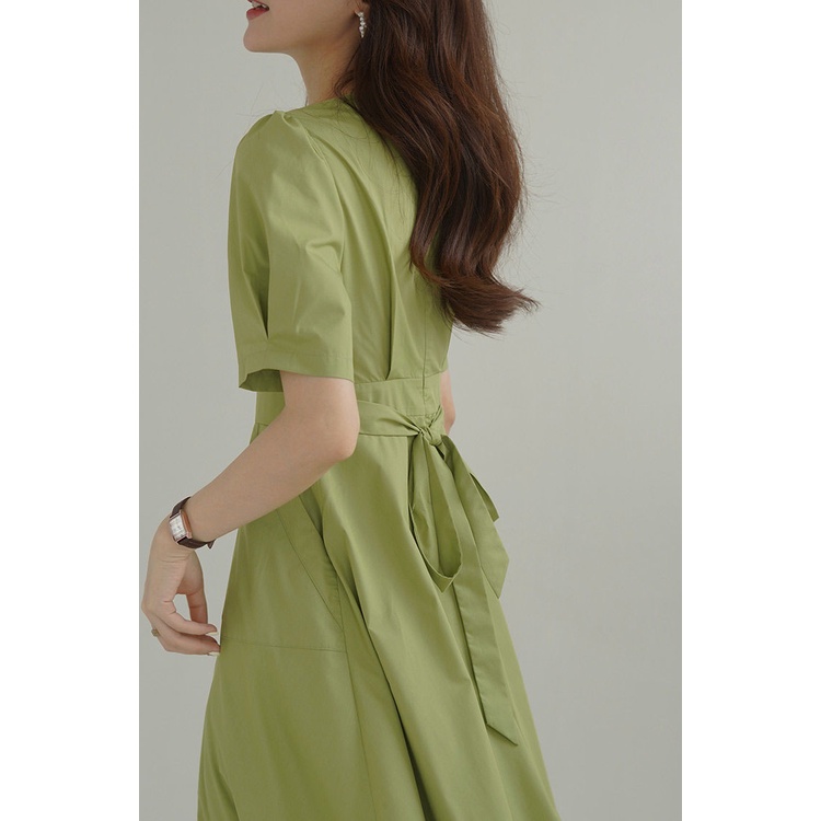 Đầm Midi Dáng Chữ A Tay Ngắn Cổ Chữ V Màu Xanh Lá Phong Cách Retro