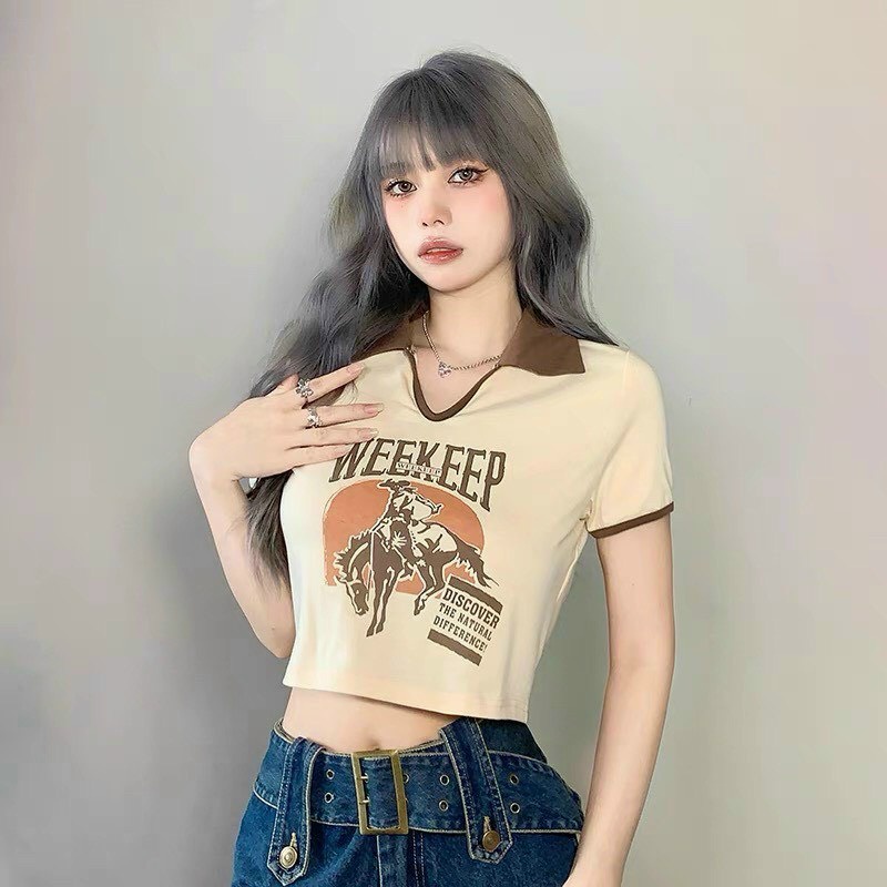 [VIDEO+FREESHIP ] ÁO CROPTOP KIỂU LỬNG NỮ CỔ BẺ POLO TAY NGẮN IN CON NGỰA WEEKEEP MÀU BE CỰC HOT HIT SIÊU MÁT MẺ CÁ TÍNH