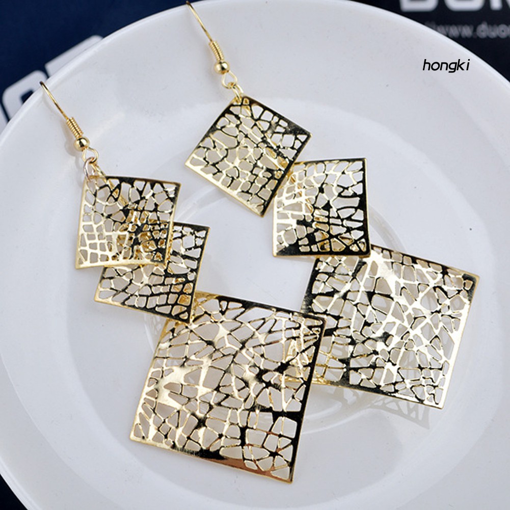 Bông tai dáng dài mặt hình vuông rỗng thời trang dành cho nữ