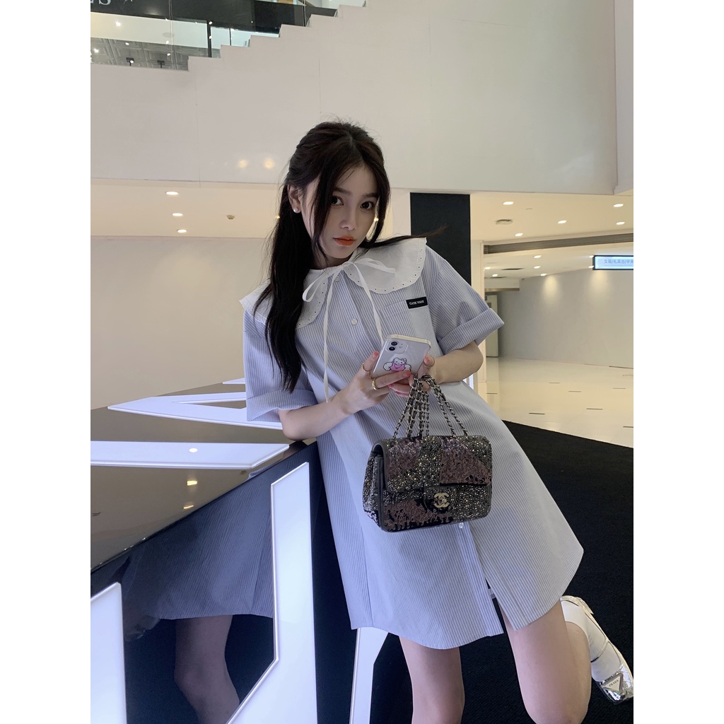 Đầm Sơ Mi Cổ Búp Bê Họa Tiết Kẻ Sọc Thiết Kế Mới Thời Trang Mùa Hè Dành Cho Nữ