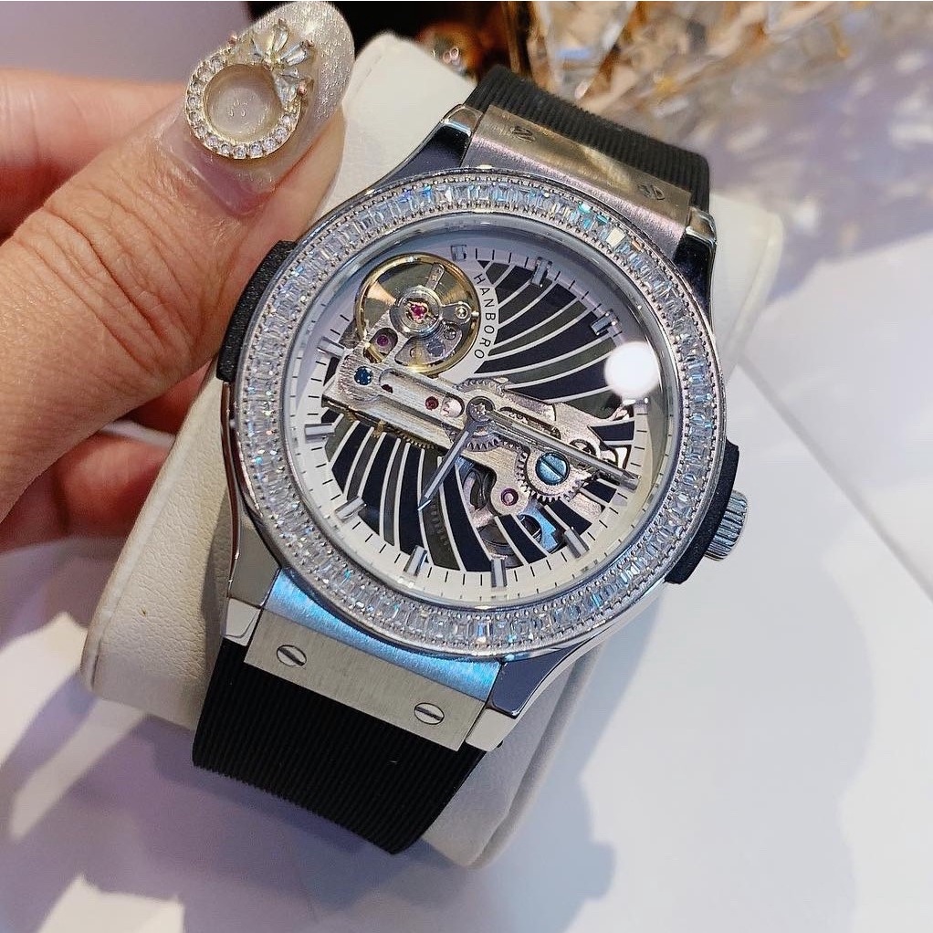 Đồng Hồ Nữ Hanboro By Huboler Dây Silicon Đen Silver 36mm Chính Hãng