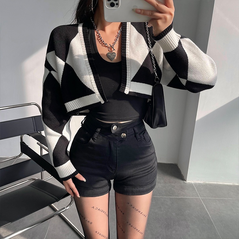 ihkke Áo khoác cardigan dệt kim tay dài dáng rộng màu sắc retro