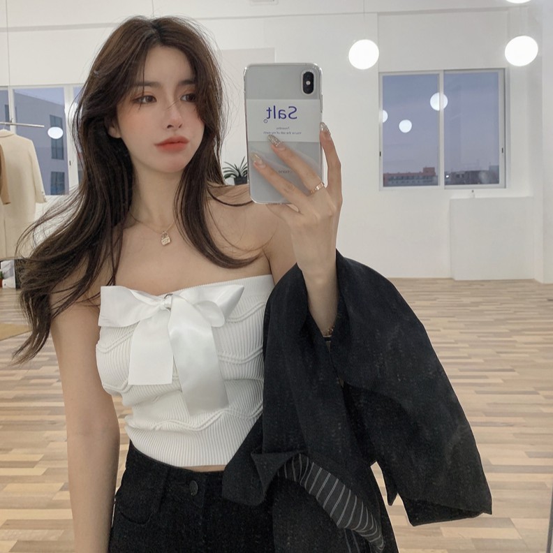 Áo không tay SUXI dệt kim phối nơ thời trang cho nữ