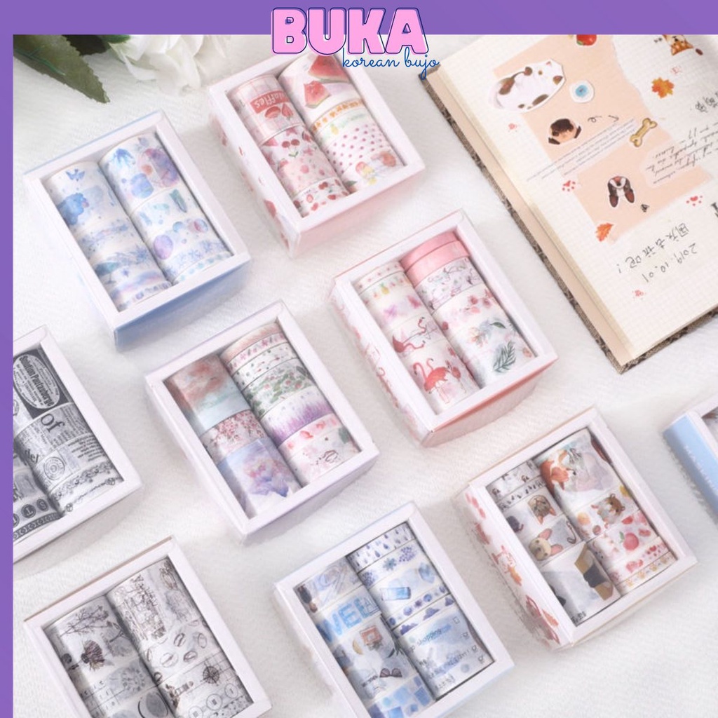 Hộp 10 washi tape Masking nhiều họa tiết - băng keo washi 4 kích thước vintage trang trí sổ bullet journal