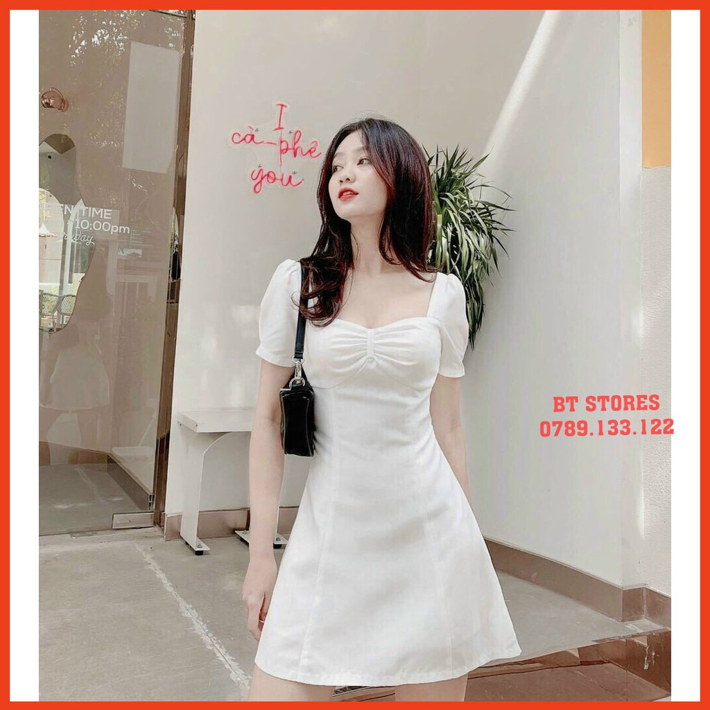 Đầm cổ vuông dáng xòe, ngực phối nơ nhẹ nhàng, có sẵn lót Turan (BT027)