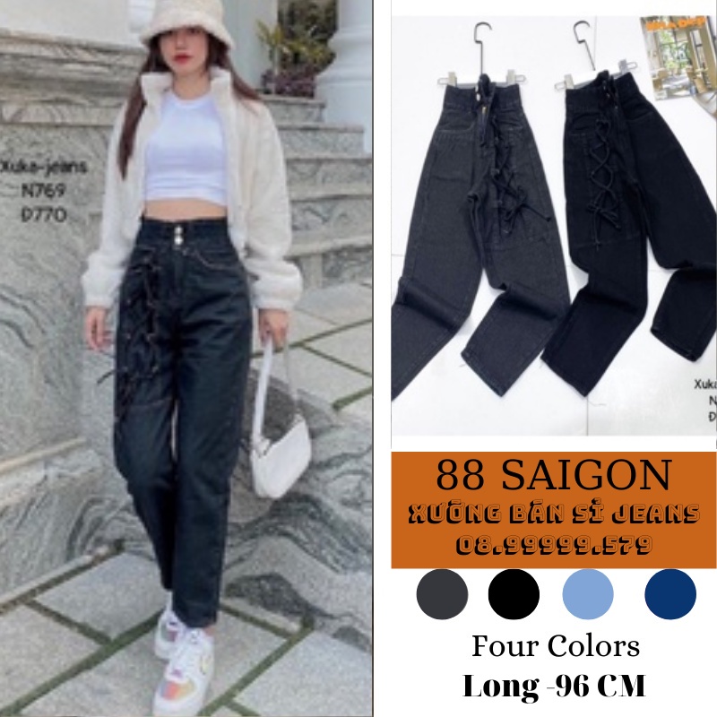 Quần Baggy Nữ - Lưng Siêu Cao / Jean Ống Rộng đẹp. Đen,Xanh, Sáng, Xám Rách Gối. Dài 96cm