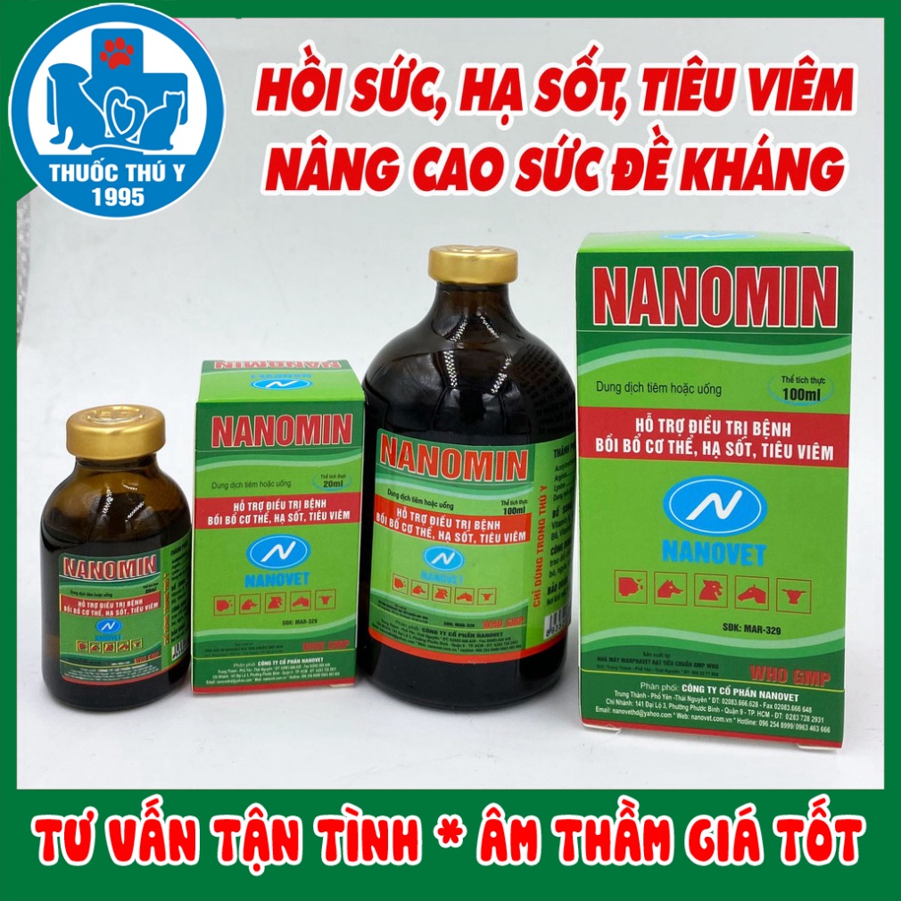 Hộp NANOMIN 20ml, 100ml   sản phẩm cao cấp hỗ trợ hồi sức thú bệnh, giảm đau, hạ sốt, nâng cao sức