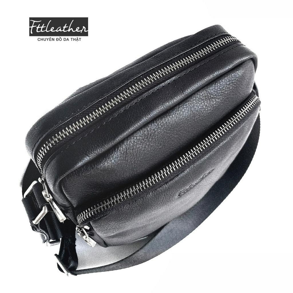 Túi đeo chéo nam FTT Leather da bò màu đen thiết kế trơn đơn giản, thời trang, đựng được ipad mini kích thước 19cmx23cm