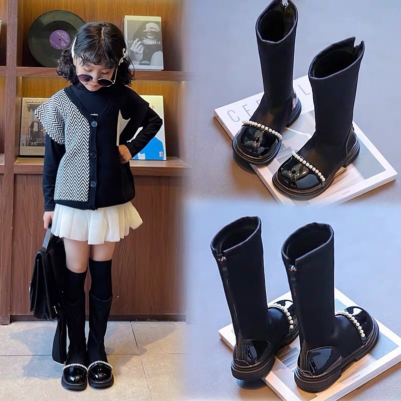 Giày bốt martin trẻ em, giày ống dài đính nơ cho bé gái B26