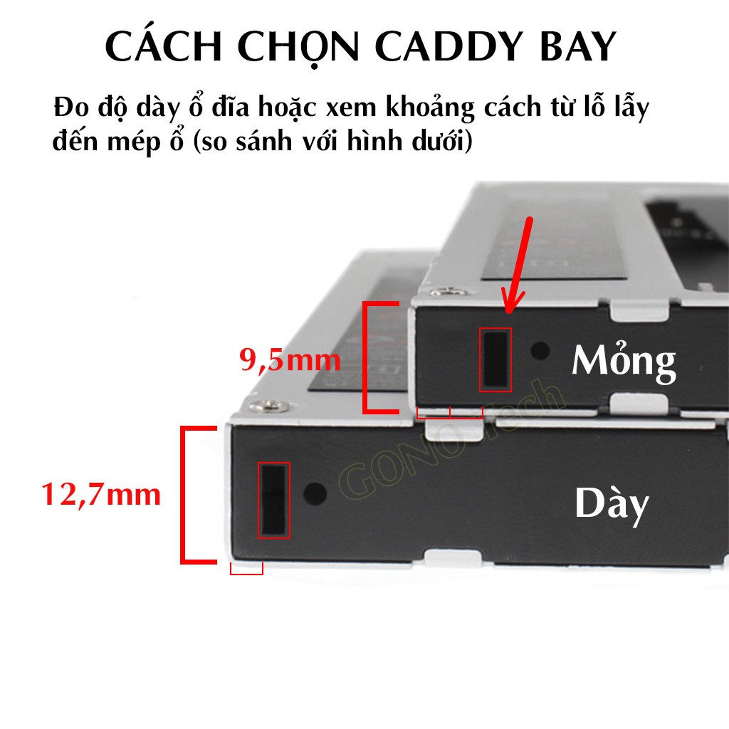 Caddy Bay HDD SSD SATA 3 dày mỏng full nhôm - Khay ổ cứng thay thế ổ đĩa DVD CD laptop