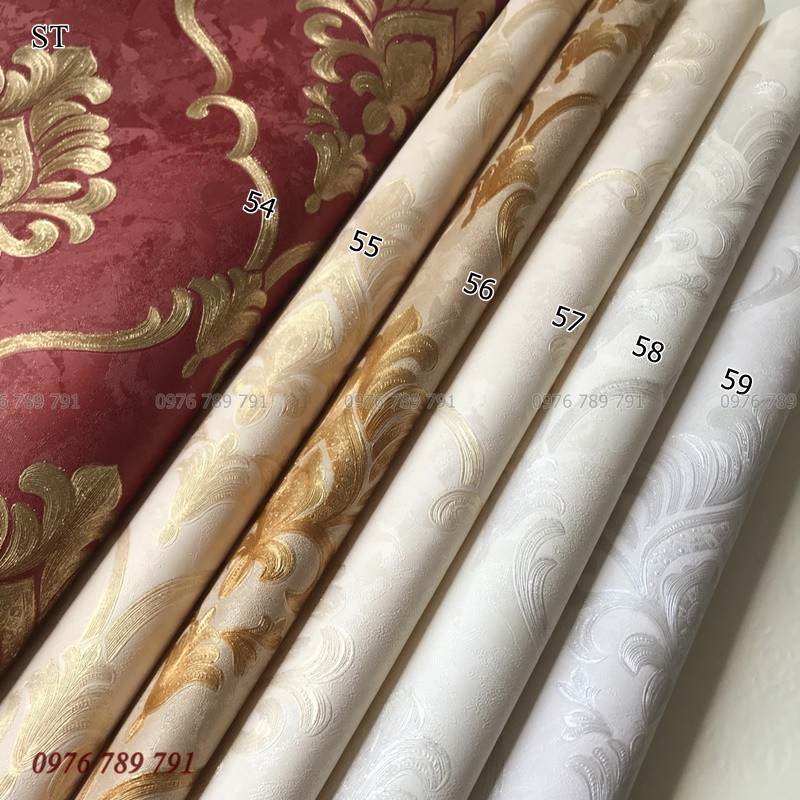 Giấy Dán Tường Hoa Văn Cổ Điển Châu Âu ST Cho Phòng Khách Phòng Ngủ Lụa Không Keo Khổ 53cm Màu Đỏ, Trắng, Vàng Kem, Xanh