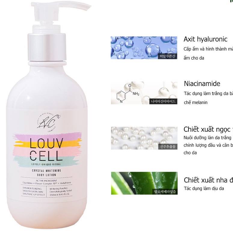 Kem Dưỡng Ẩm Làm Trắng Da Body Louv Cell Crystal Whitening Body Lotion 120ml và 250ml