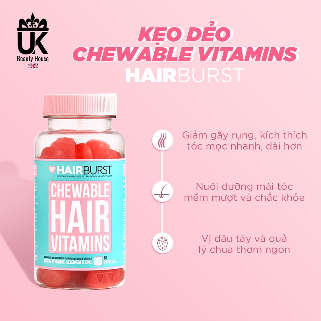 Kẹo dẻo chăm sóc kích thích mọc tóc Hairbust Chewable Hair Vitamins 60 viên 96g