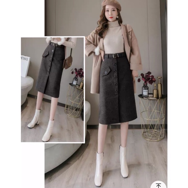 Chân váy dạ công sở, chân váy đai eo phối nắp túi