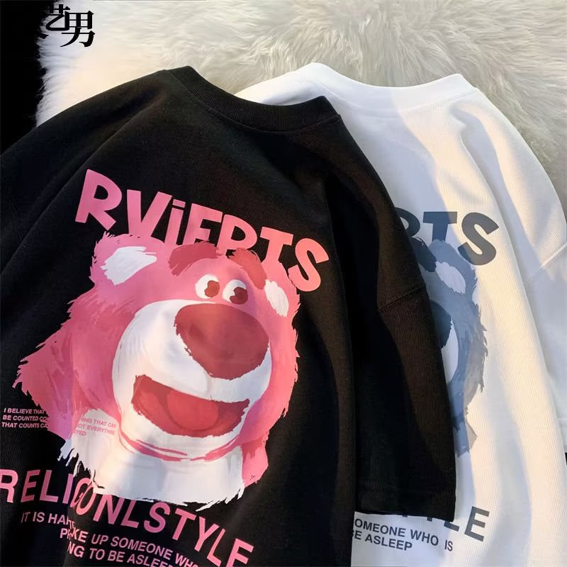 Áo Thun Tay Ngắn Dáng Rộng Mềm Mại Thoải Mái In Hình Gấu Và Dâu Tây Cho Nam