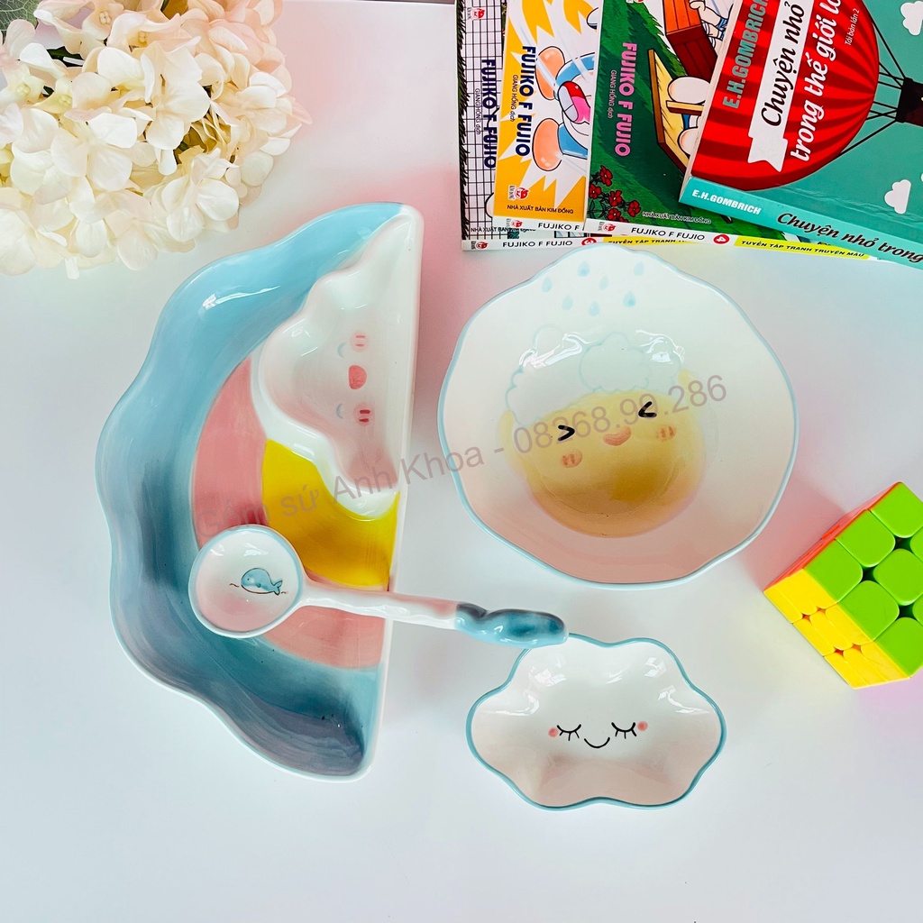 Bát Đĩa Decor, Chén Dĩa dễ thương, Bát ăn cơm Sét cầu vồng 4 món cực cute xinh yêu