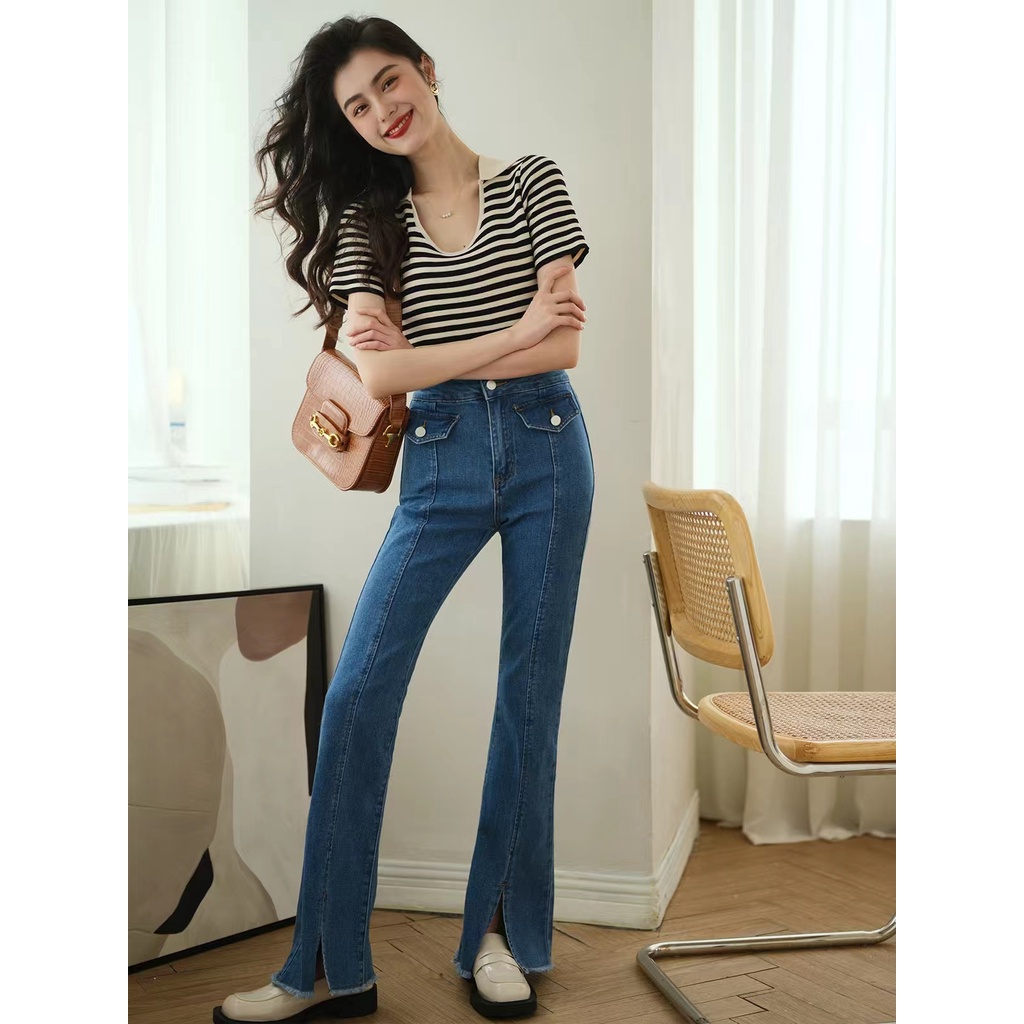 Áo Dệt Kim Ngắn Tay Họa Tiết Kẻ Sọc Phong Cách Pháp Mới