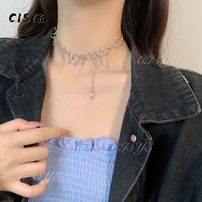 Vòng cổ Choker mặt tròn hình bướm phong cách Hip Hop dành cho nữ