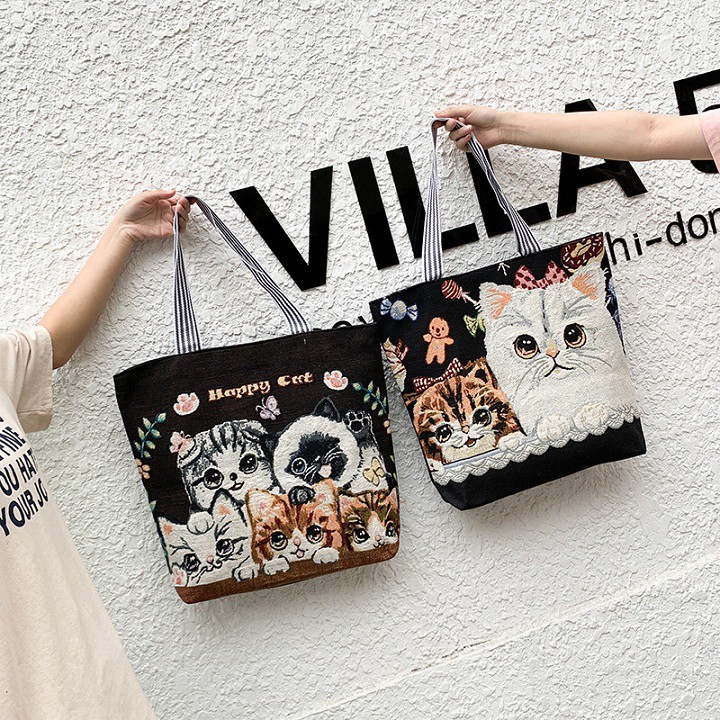 Túi Tote Vải Canvas Thêu Hình Mèo Cute Thời Trang Đeo Chéo GN11-III