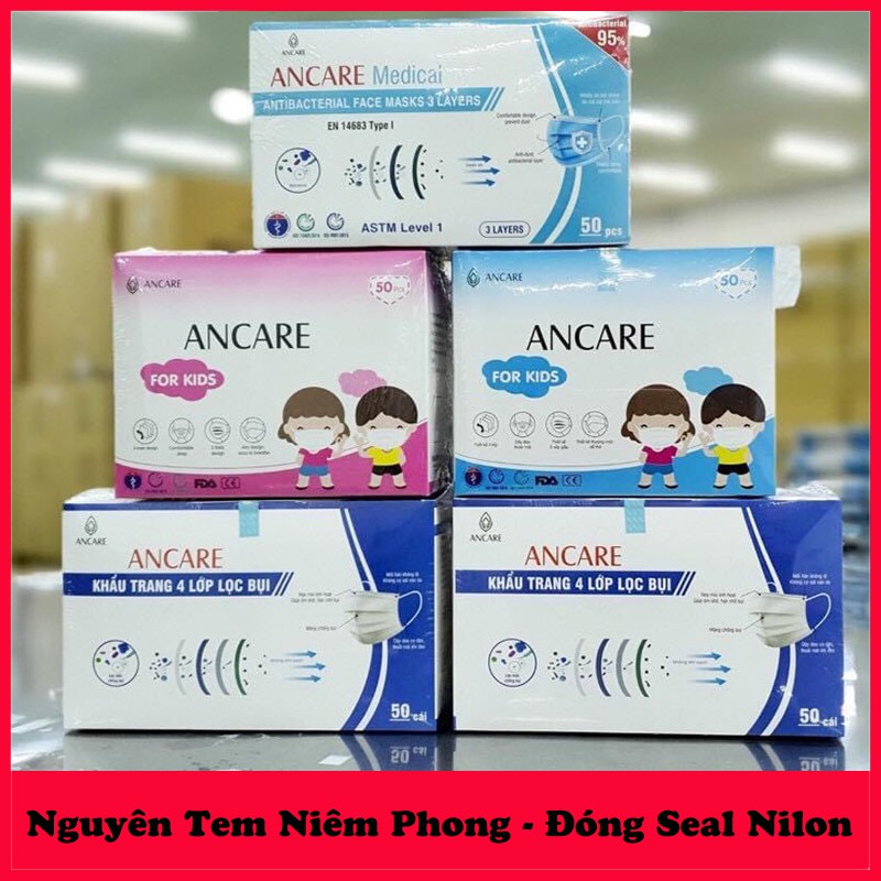 [Chính Hãng - FreeShip] Khẩu Trang Y Tế 4 Lớp Hộp 50 Cái Xuất Khẩu ANCARE. Vải Không Dệt Kháng Khuẩn Cao Cấp Xuất Khẩu