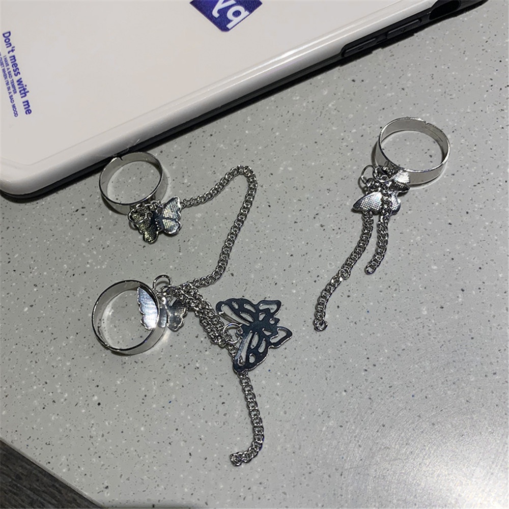 Bộ 2 Nhẫn Hở Hình Bướm Phối Dây Xích Phong Cách Punk Cổ Điển Thời Trang Cho Nữ