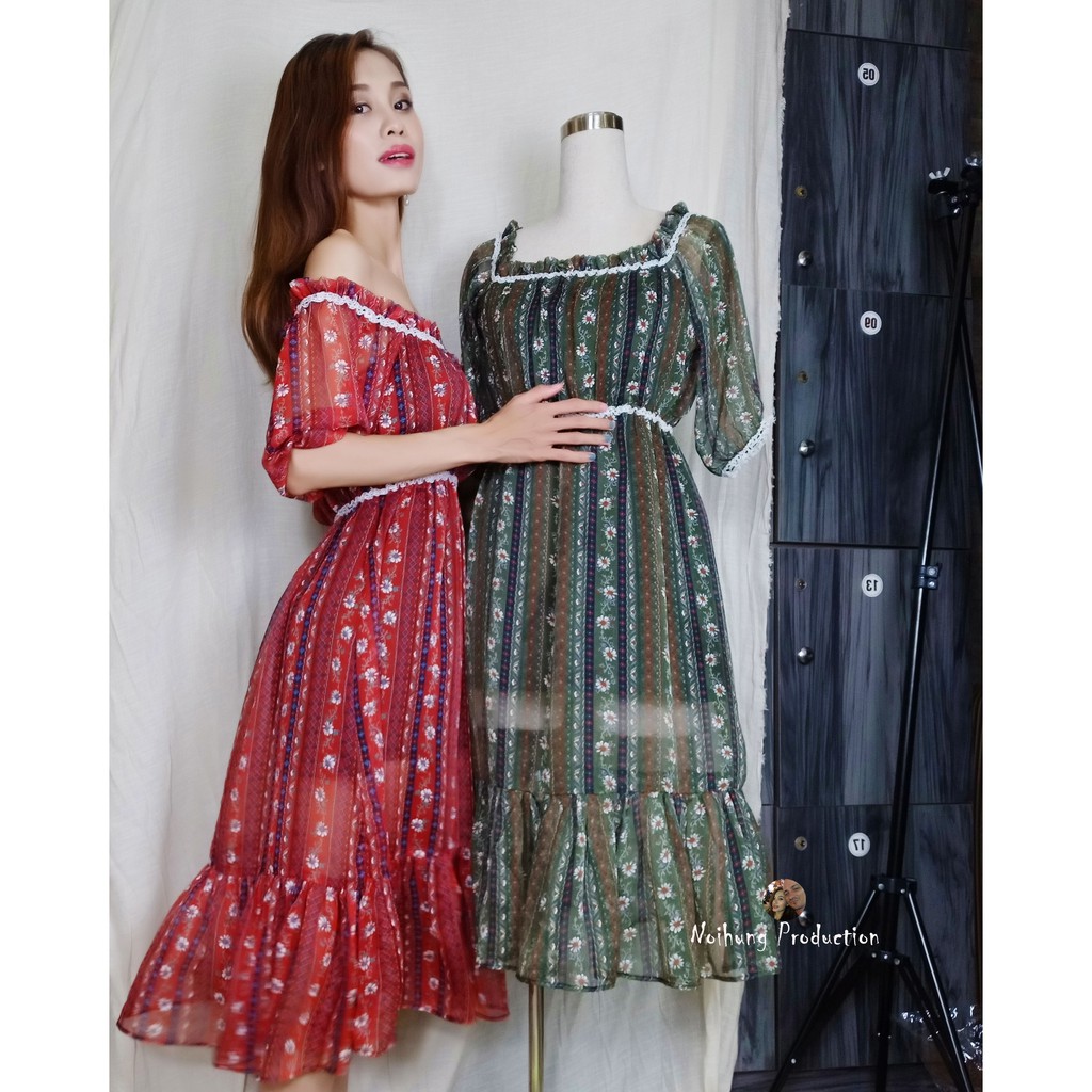 ĐẦM VÁY MAXI VINTAGE HỌA TIẾT HOA ĐUÔI CÁ DÁNG DÀI XÒE TRỄ BẸT HỞ VAI CỔ CHỮ U ĐẸP XỊN RẺ TEEN TRẺ TRUNG BIGSIZE M L XL