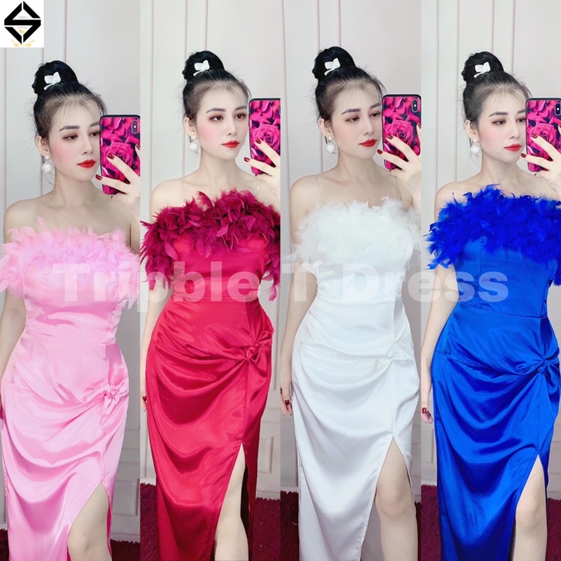 Đầm maxi body cúp lông xẻ đùi siêu xinh TRIPBLE T DRESS - Free size dưới 54kg