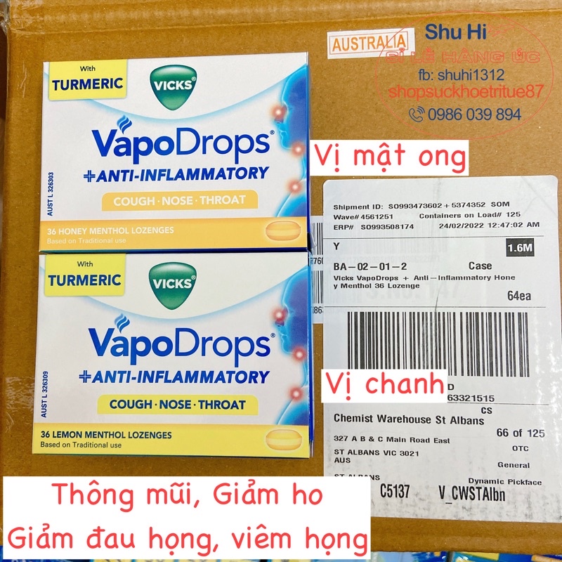 Kẹo ngậm 36 viên, hỗ trợ giảm h.o-đau họng vị mật ong, chanh Úc - Vivk Vicks VapoDrops + Anti-Inflammatory Lemon, honey