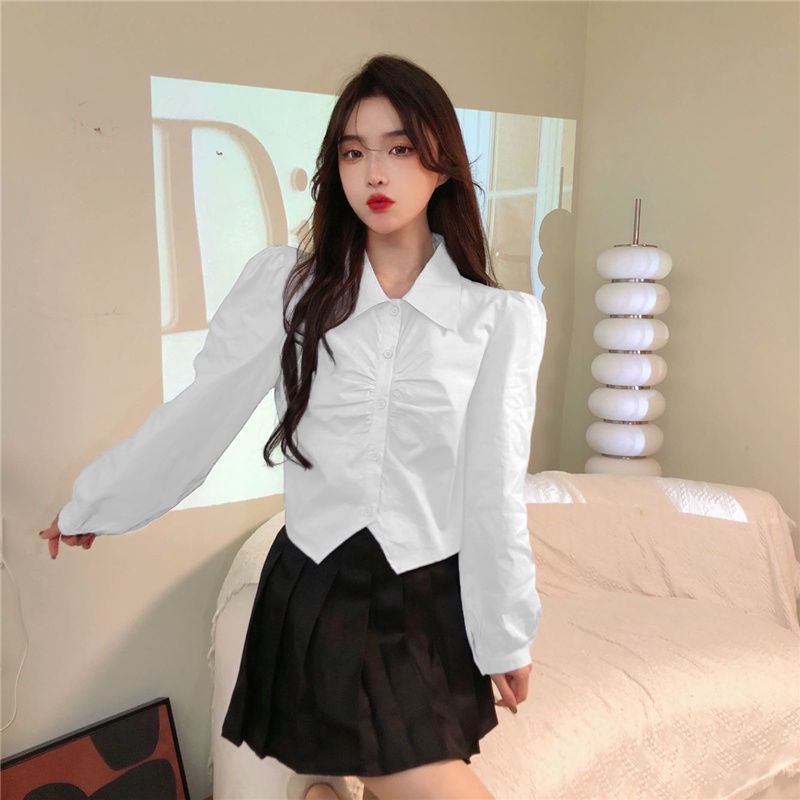 Áo sơ mi trắng IELGY tay dài dáng ngắn thời trang kiểu Pháp cho nữ