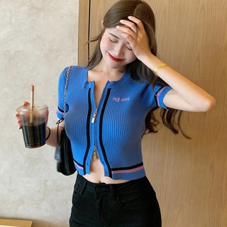 Áo Dệt Kim Ngắn Tay Cổ Tròn Phối Khóa Kéo Thời Trang Cho Nữ