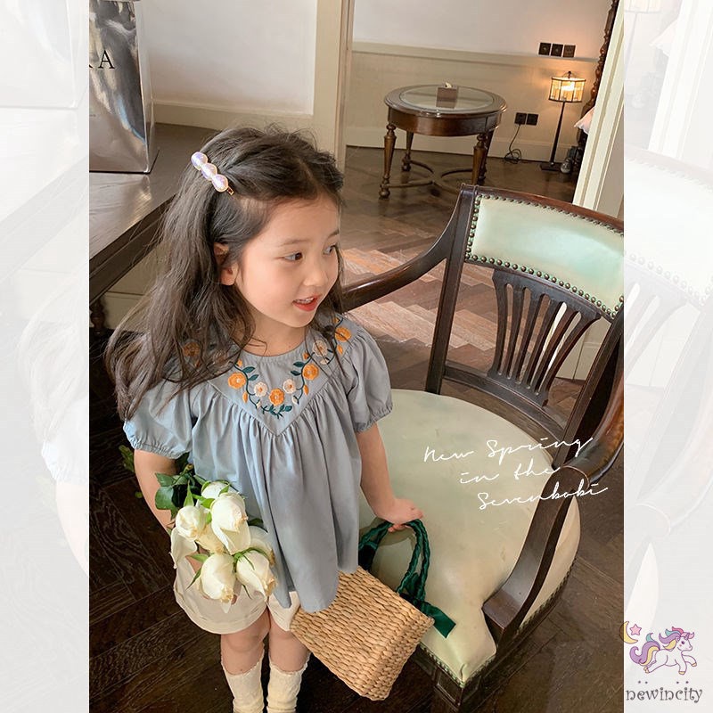 Bộ Áo Tay Phồng Thêu Hoa + Quần Short Thời Trang Mùa Hè Hàn Quốc Cho Bé Gái