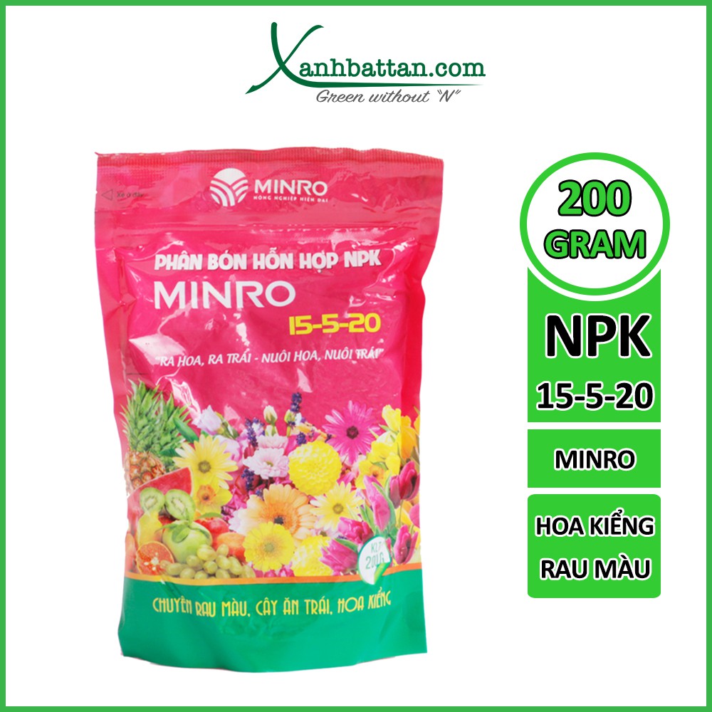 Phân npk minro 15-5-20 kích ra hoa và dưỡng trái cho rau sạch và hoa kiểng túi 200 Gram