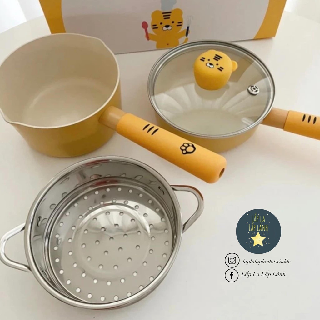 Set nồi Neoflam Hàn Quốc phiên bản Hổ Vàng, nồi nấu cháo cho bé ăn dặm, lồng hấp