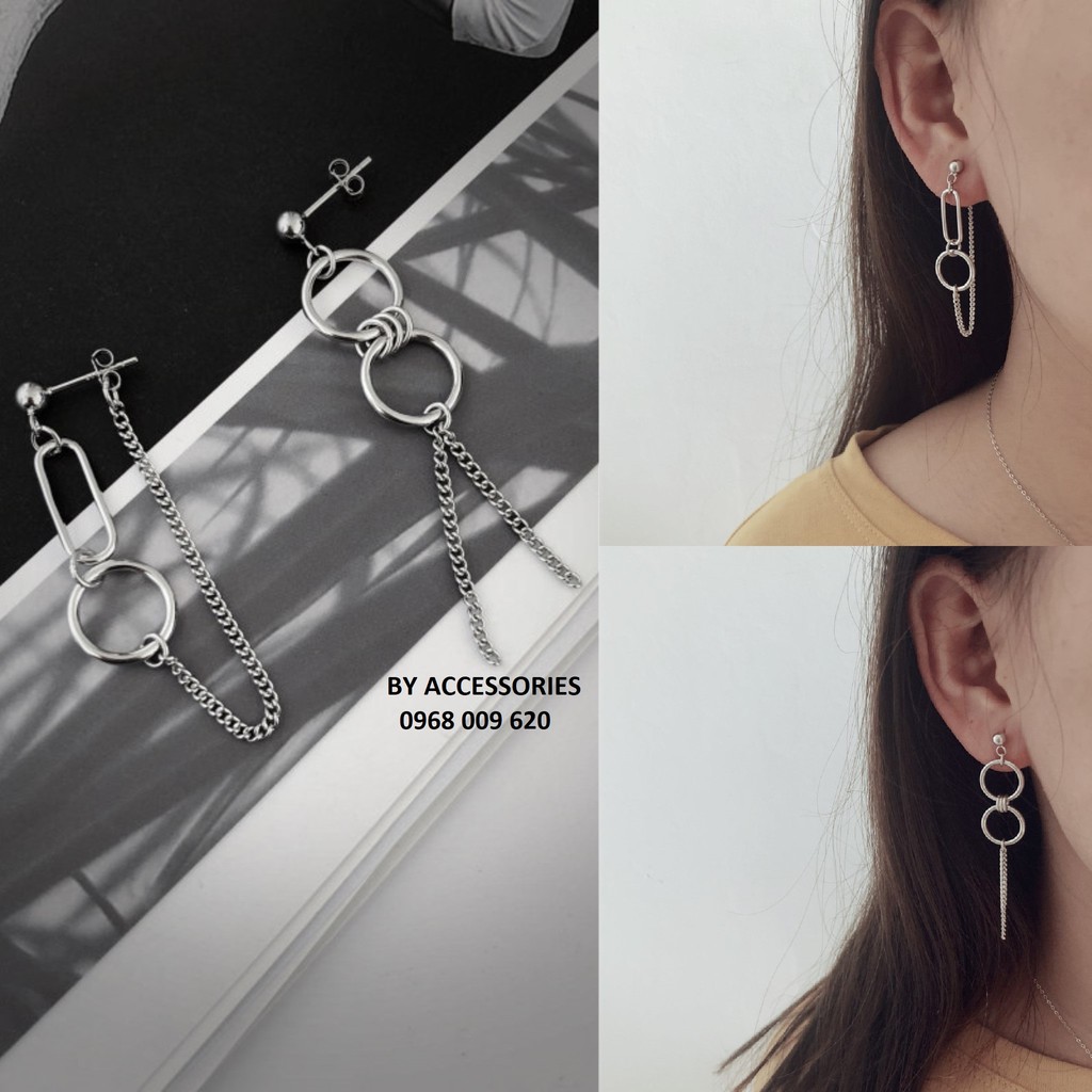 Bông tai titan unisex hình học phối xích không gỉ