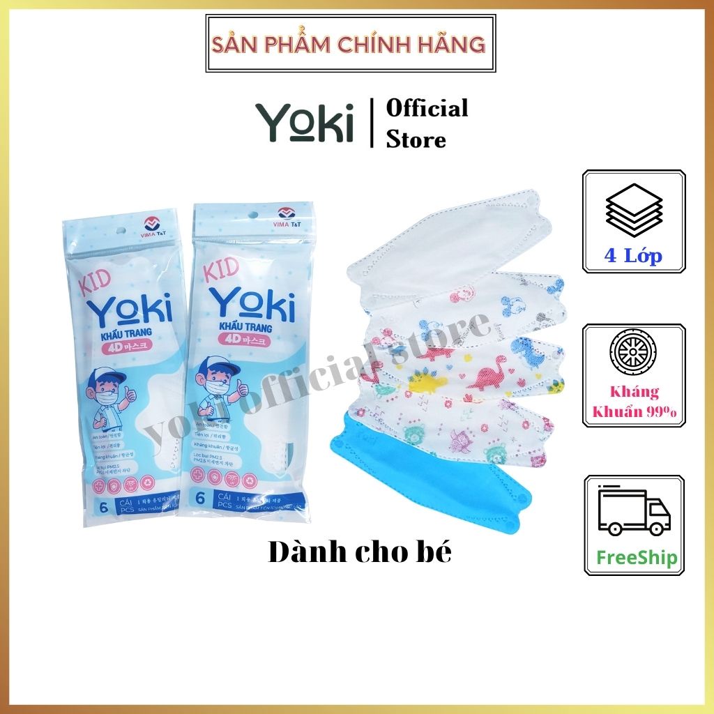 Khẩu trang Trẻ em 4D Yoki KF94 Túi 6 cái 4 lớp kháng khuẩn chống bụi mịn PM2.5