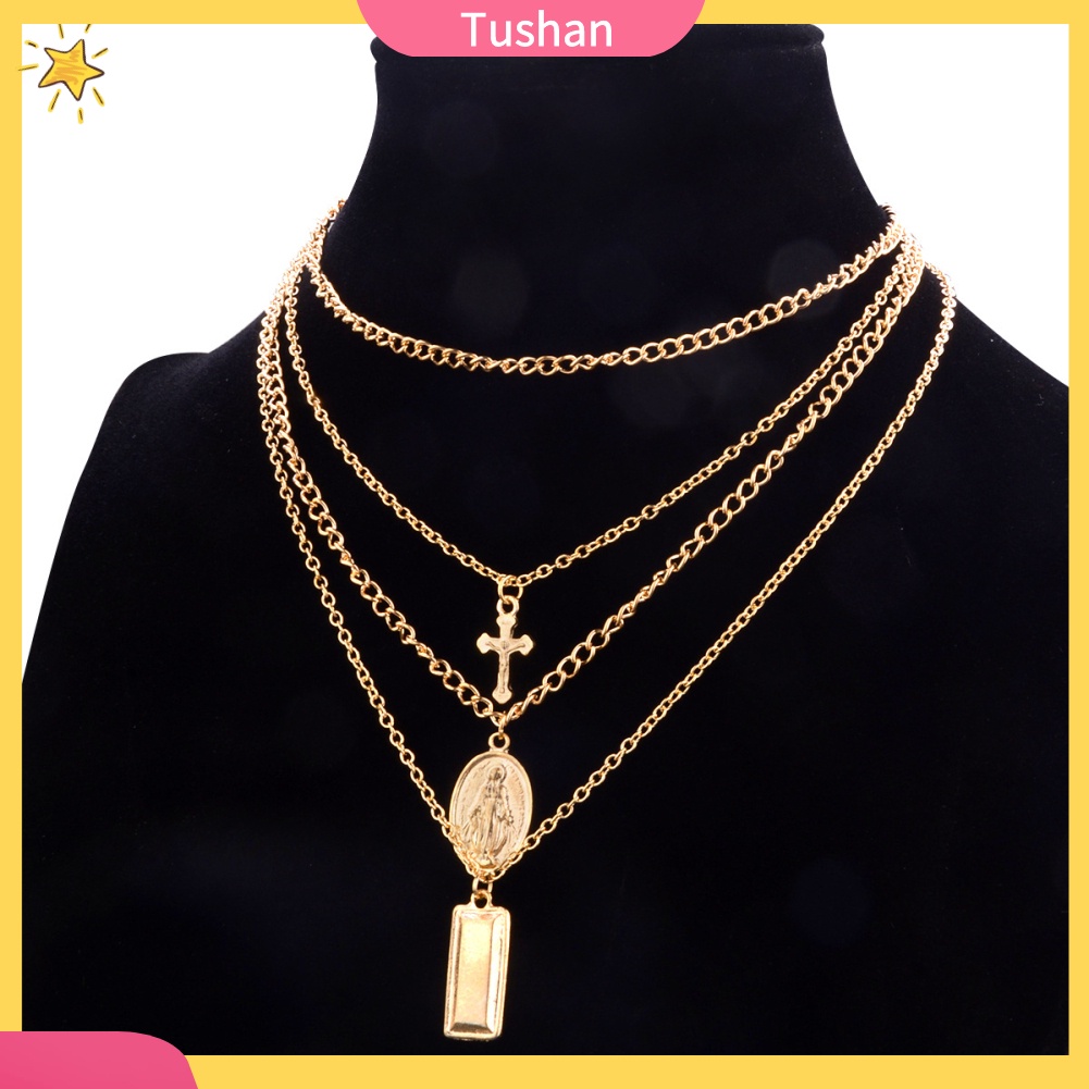 Vòng cổ choker mặt chữ thập nhiều lớp phong cách retro