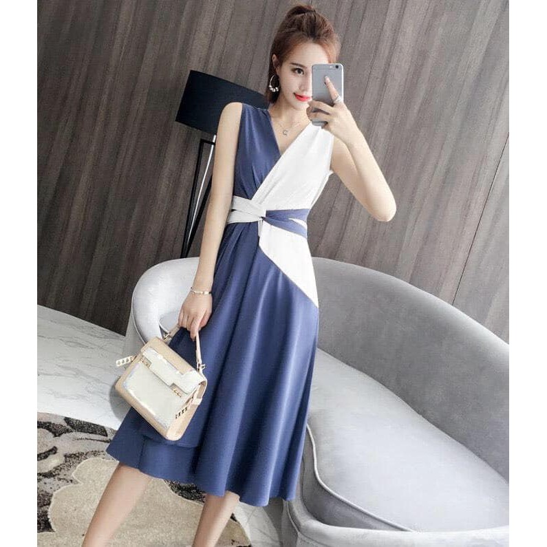 ĐẦM XÒE PHỐI MÀU CỔ V CỘT DÂY EO. TTHA280103